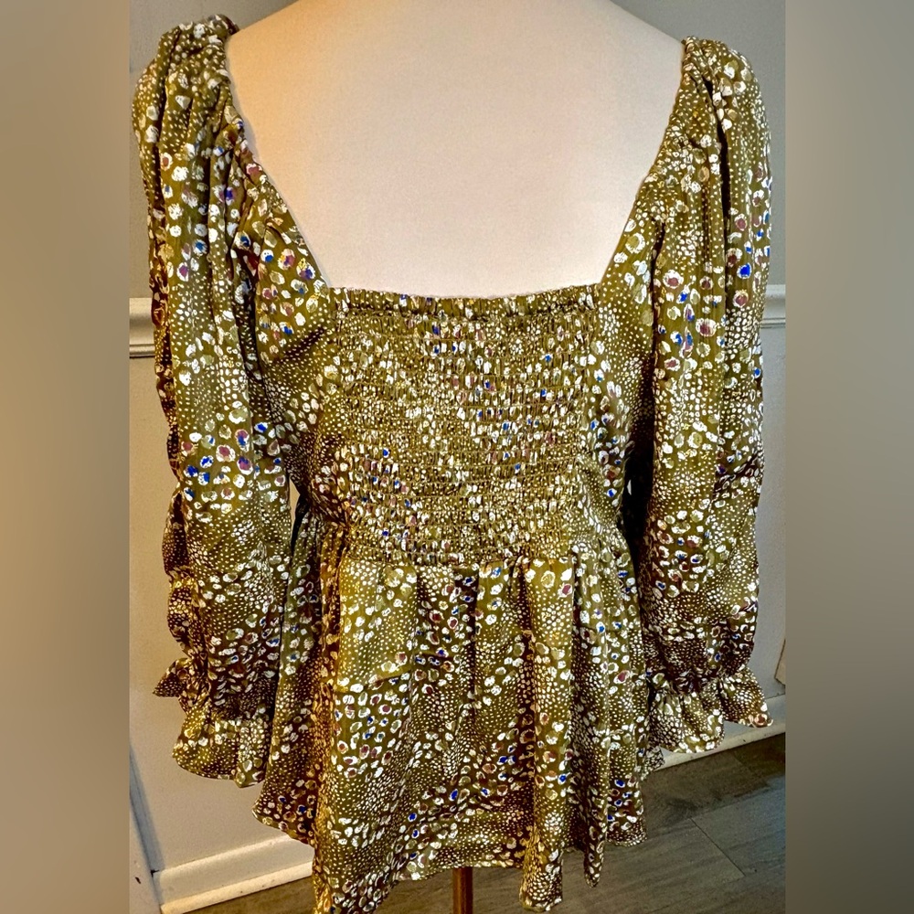 Angie Boho Babydoll Blouse NWT Women’s Olive V neck Peasant Top size L - Picture 10 of 16